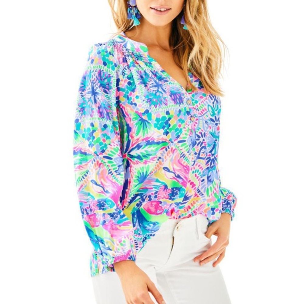 EUC LILLY PULITZER ELSA SILK TOP Dancing Deck S116